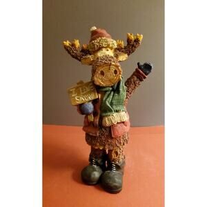 Adirondack Christmas Moose Rustic Figurine Holding "I Love Snow" sign!